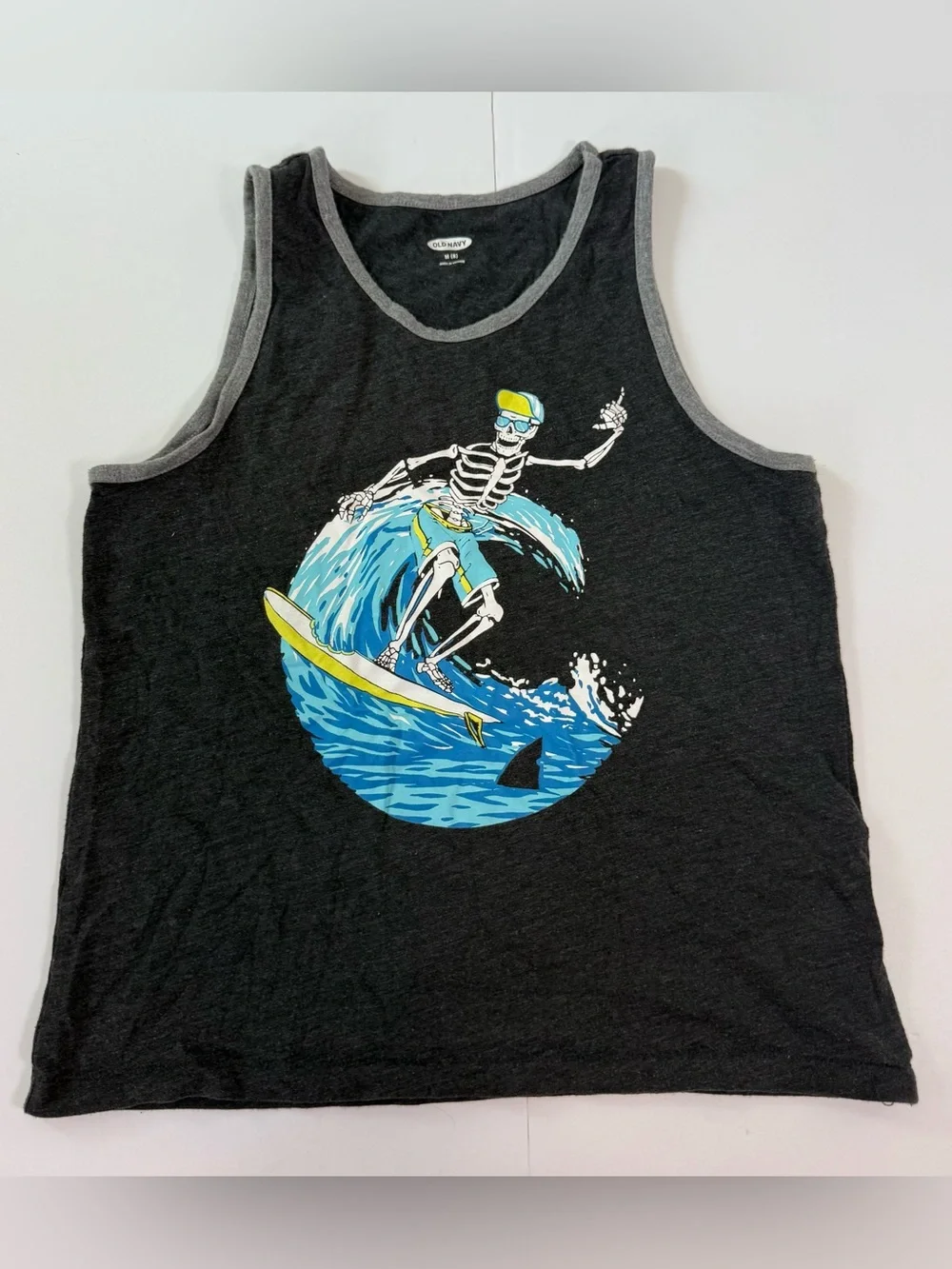Old Navy Black Tank Top with Blue & Yellow Surf Skeleton Graphic